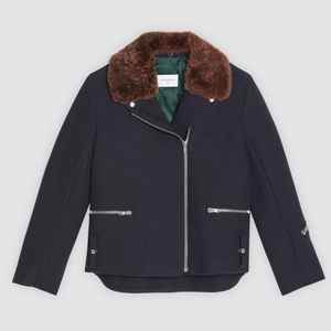 Sandro Virgin Wool Blend Navy Jacket Coat with Sheepskin Collar